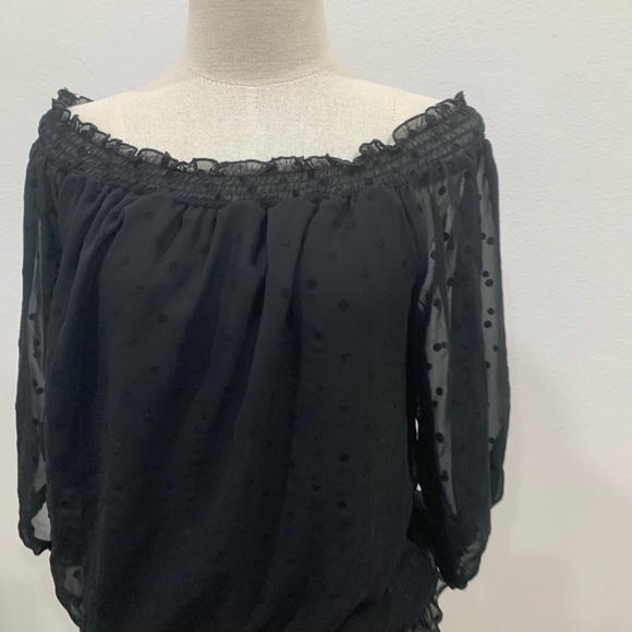 BCX black polka dot silky off shoulder top - Picture 3 of 10